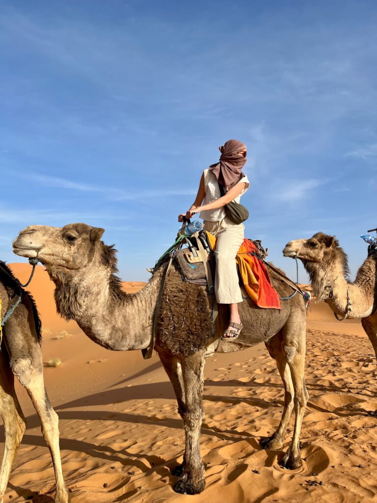 Riding a camel to a luxury desert stay in the Sahara Desert