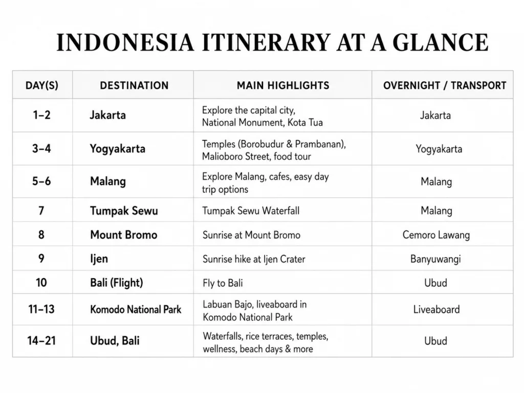A chart that is breaking down how to spend three weeks in Indonesia