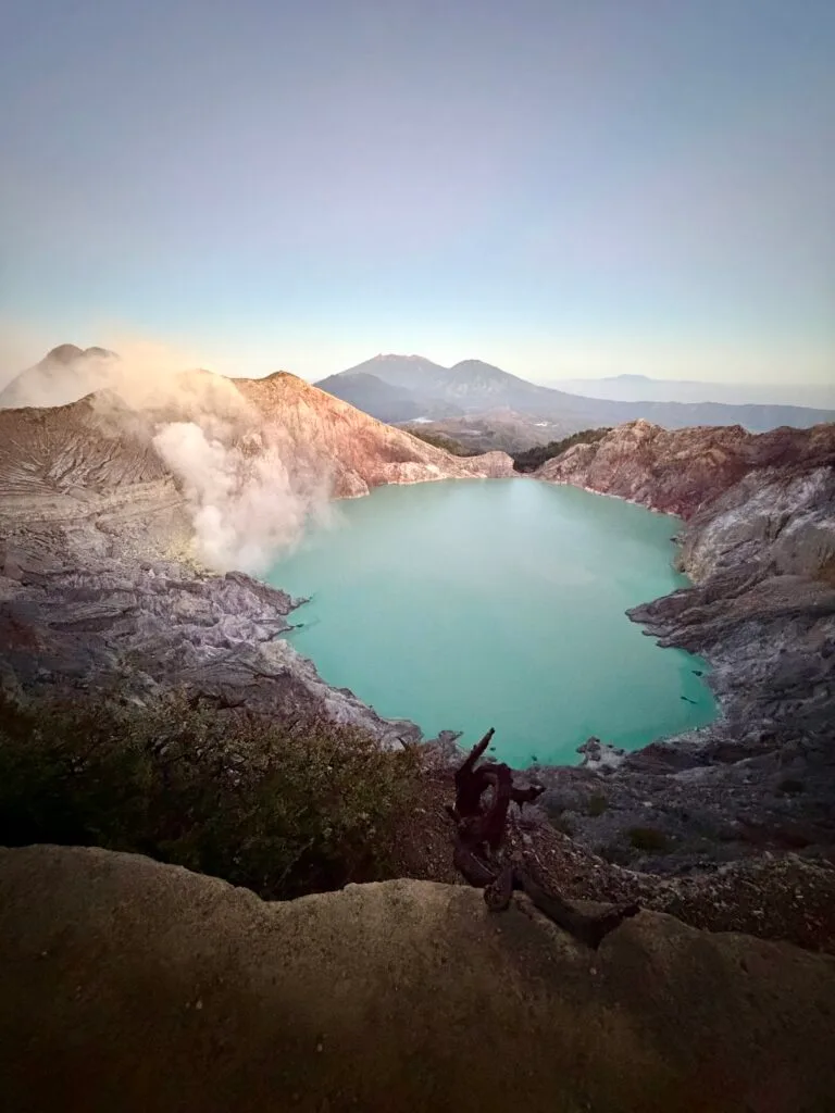 Turquoise sulfuric crater lake inside Ijen volcano